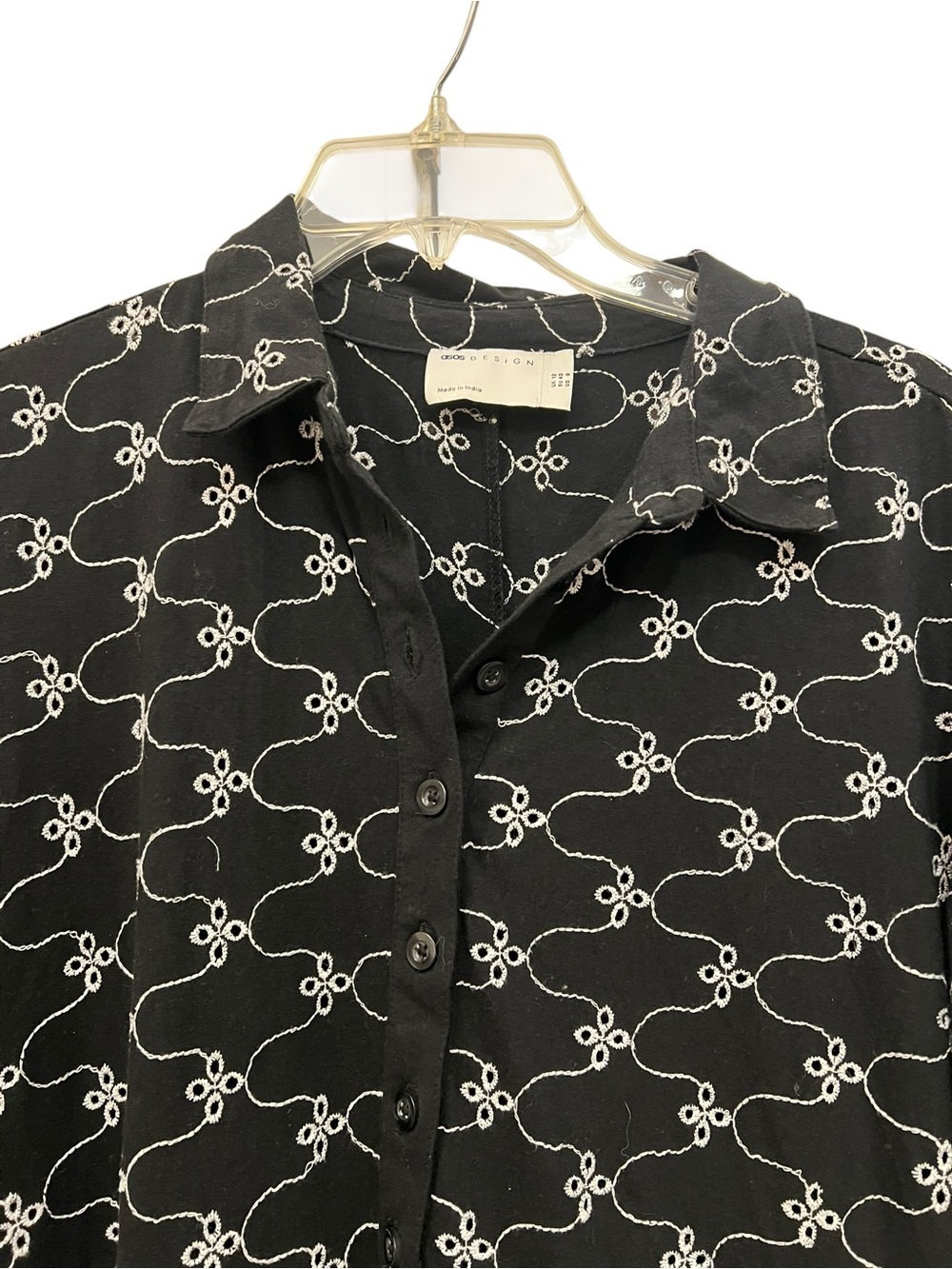 ASOS Black Midi shirt Dress with White embroidered Chain-Link eyelet detail. - Picture 3 of 10